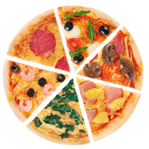 Verarbeitung von weichen Teigen, zum Beispiel für industrielle Pizza Sechs unterschiedliche belegte Pizzastücke in Pizzaform angeordnet
